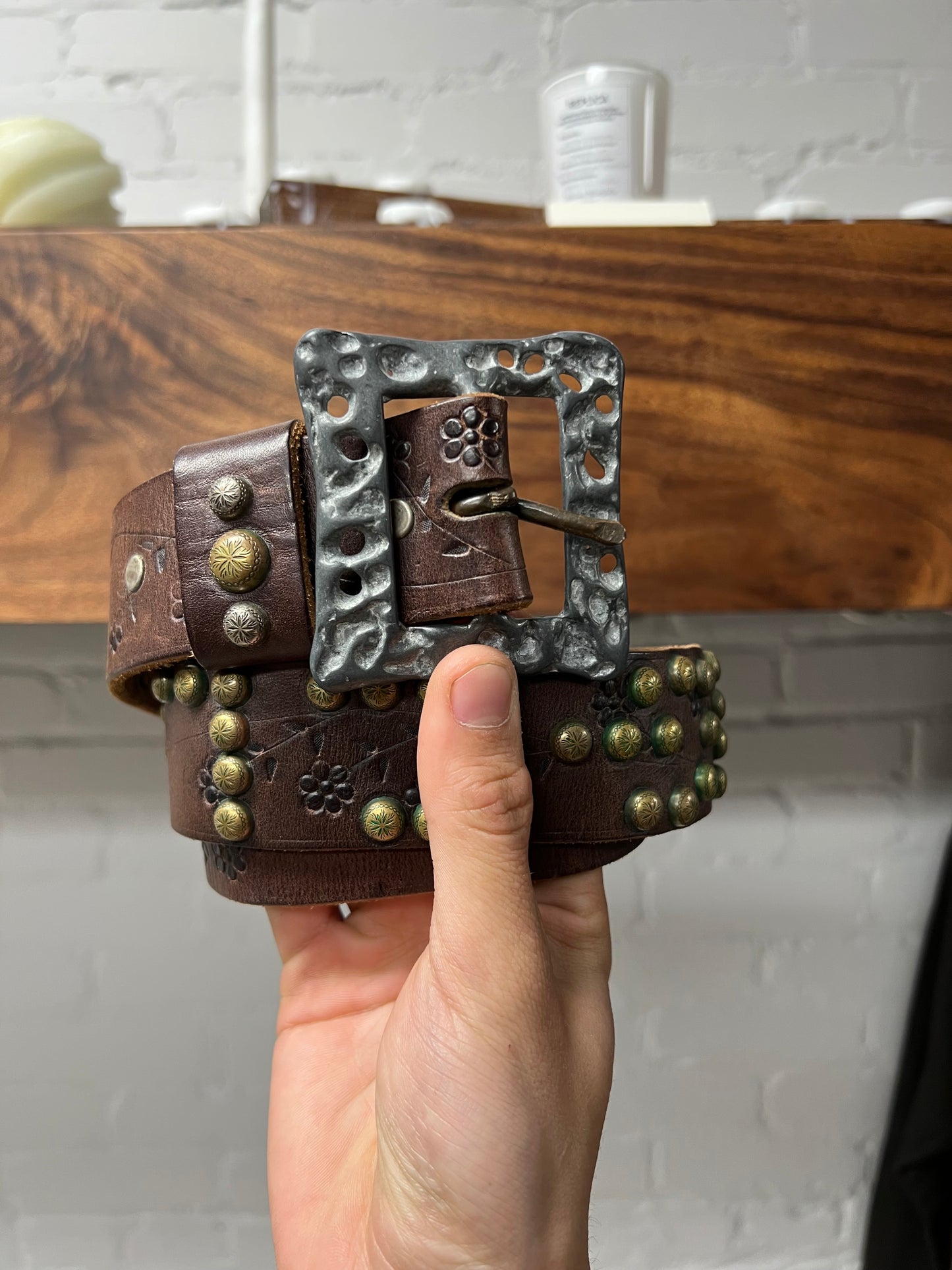 Great China Wall Studded Brass Leather Belt
