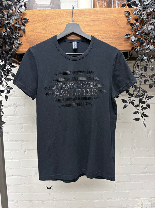 Vintage Jean Paul Gaultier Studded Chest Logo Black Cotton T-Shirt