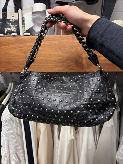 Prada Silver Hardware Studded Black Lambskin Leather Handbag