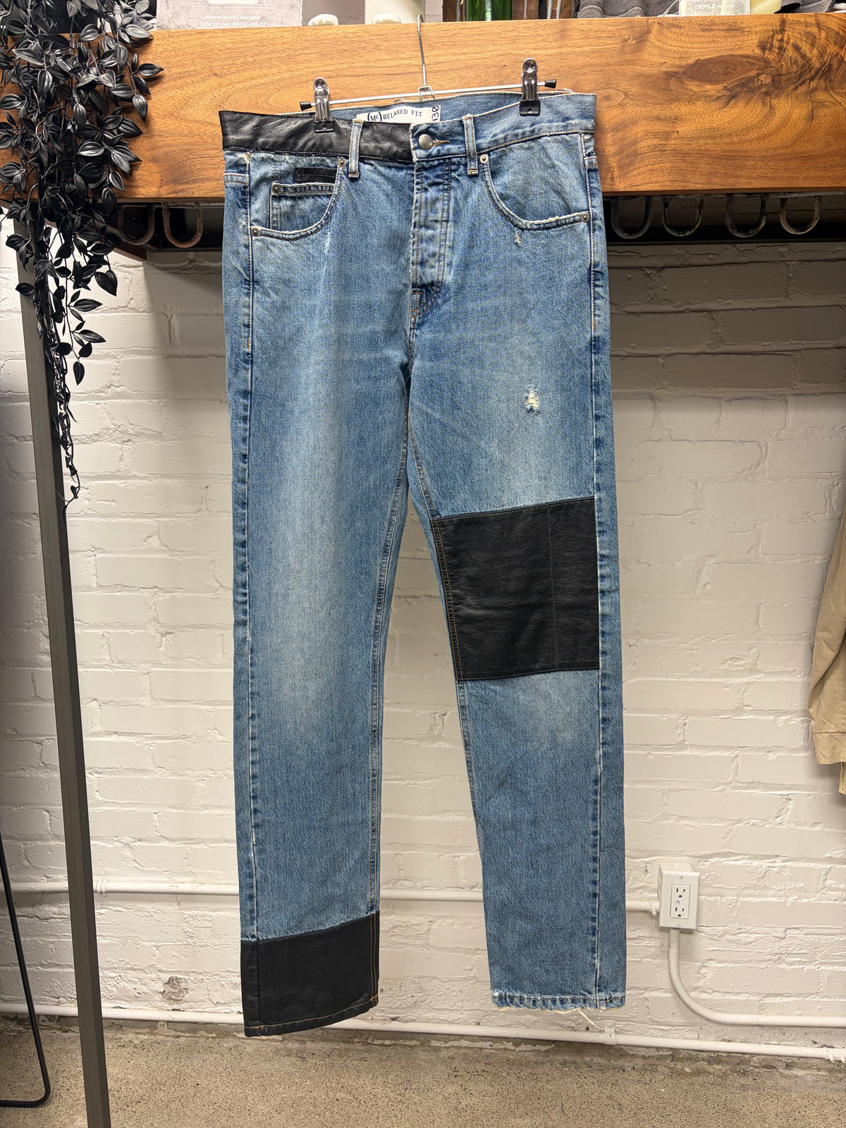 Alexander McQueen Straight Leg Leather Patch Repaired Blue Denim