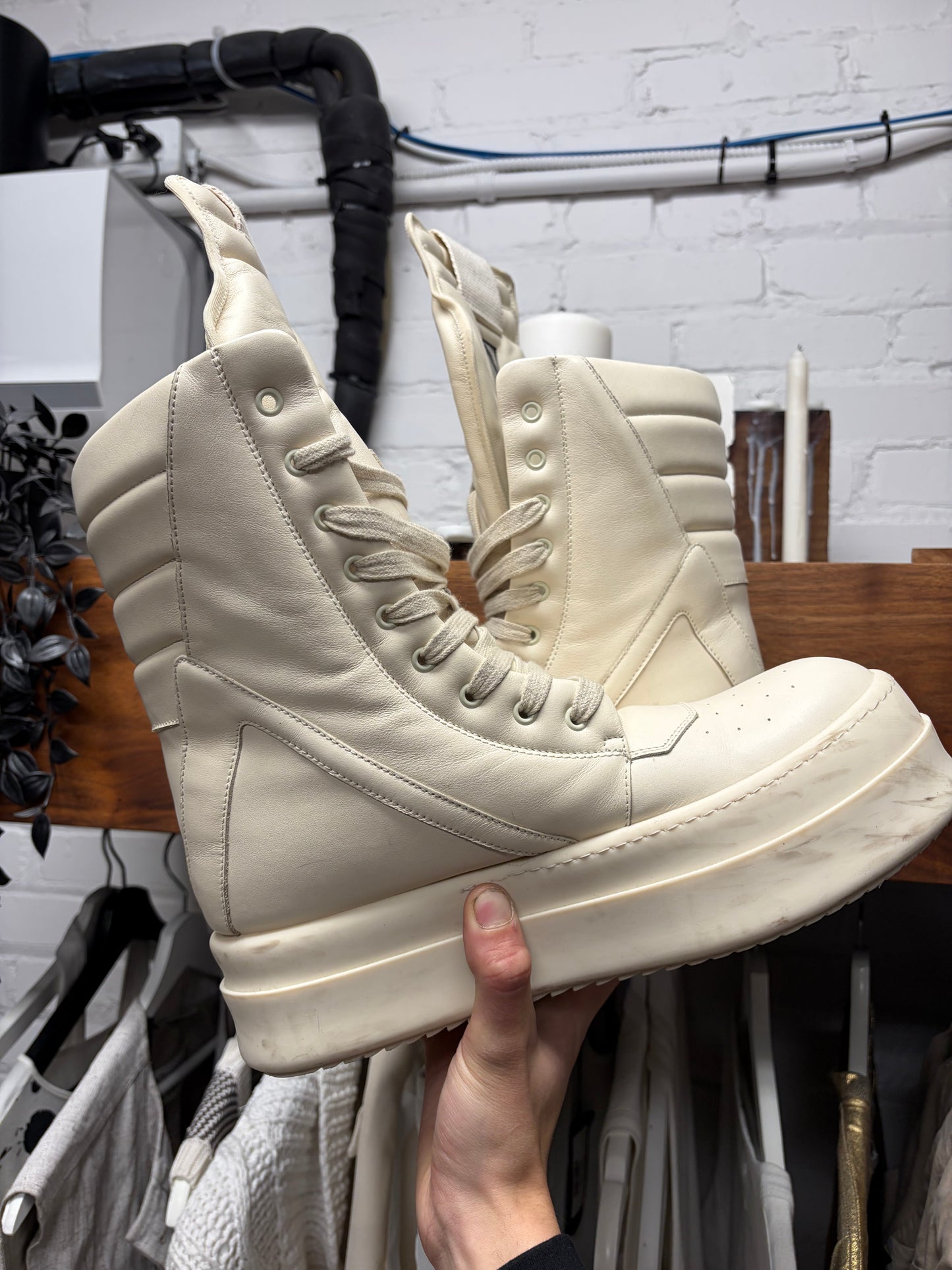 AW2024 Rick Owens ‘Mega Bumper’ Geobasket Milk Leather High Top Sneakers