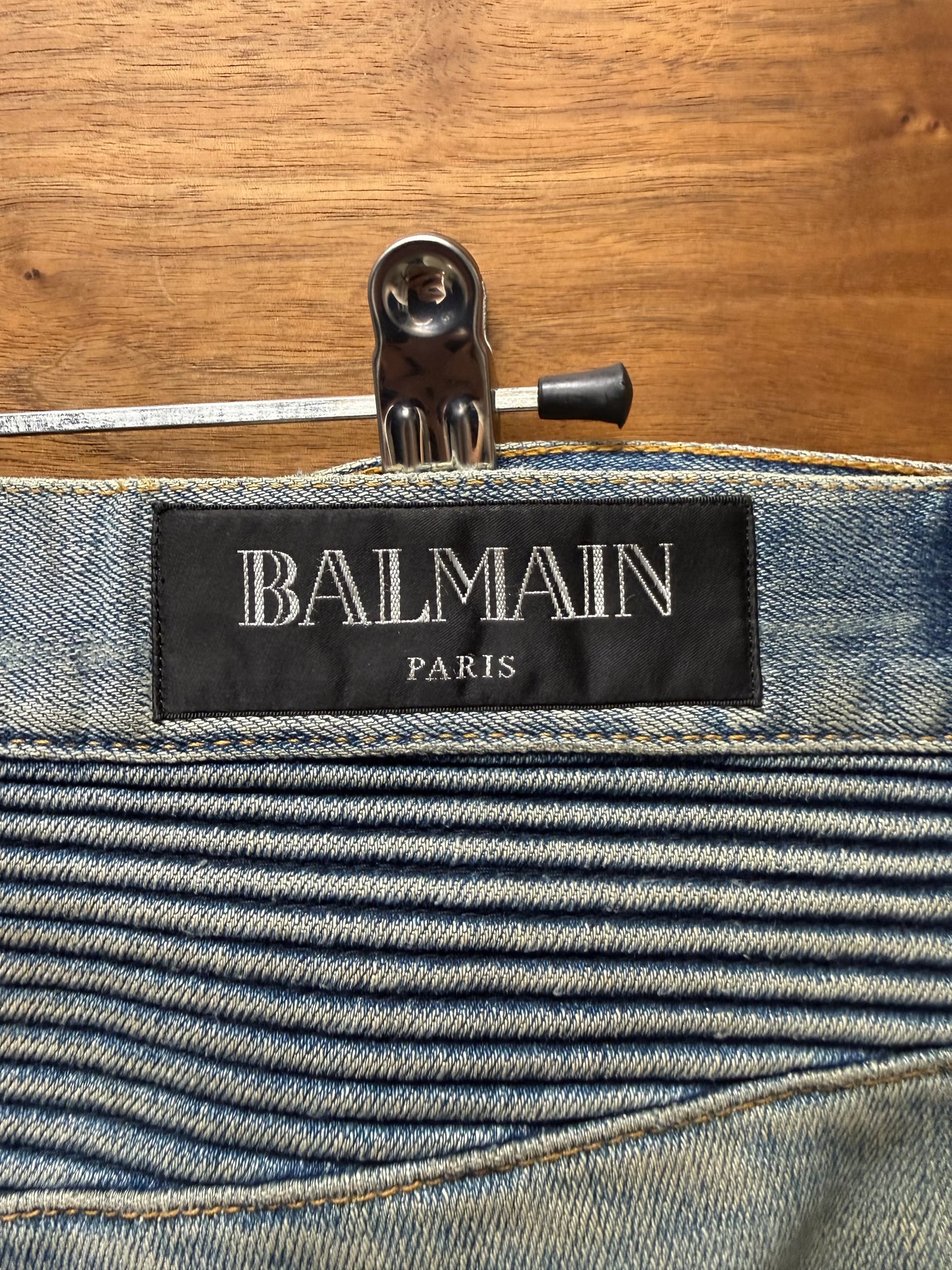 Balmain Dirt Washed Blue Distressed Biker Knee Denim