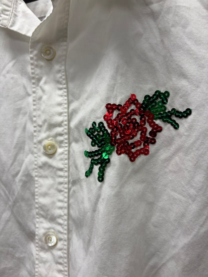 SS2006 Number Nine ‘Welcome to the Shadows’ Sequin Rose Chest Embroidered White Button Up Shirt
