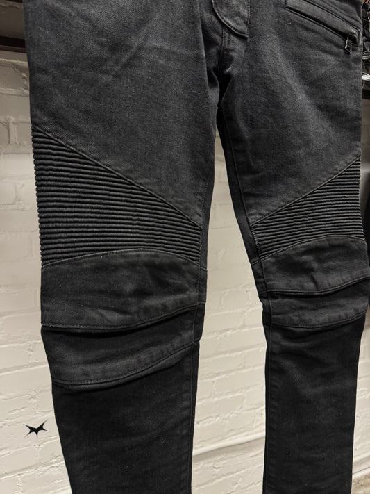 Balmain Waxed Black Classic Biker Knee Denim