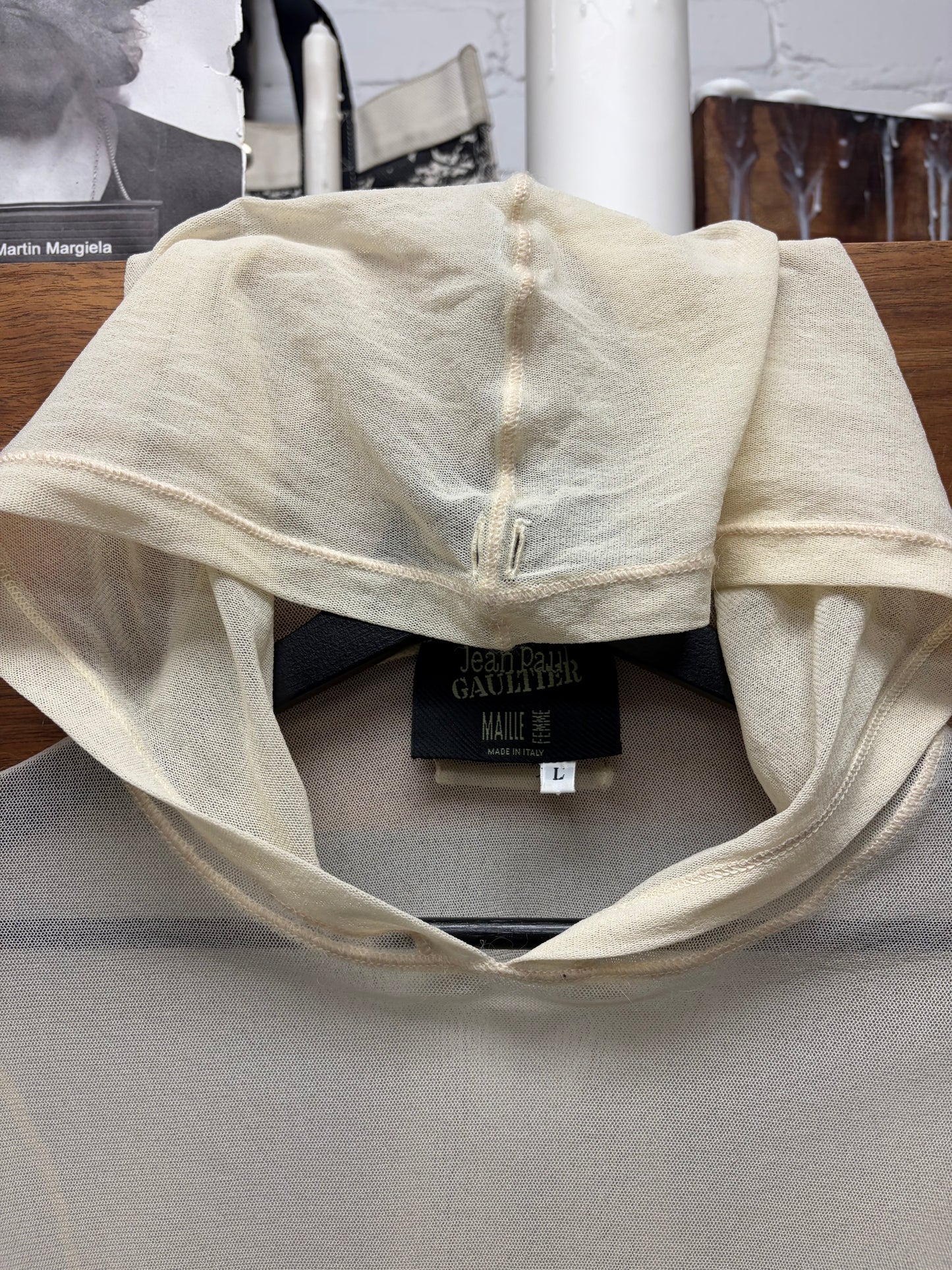 Vintage Jean Paul Gaultier Sheer Mesh Hoodie with Wool Trim