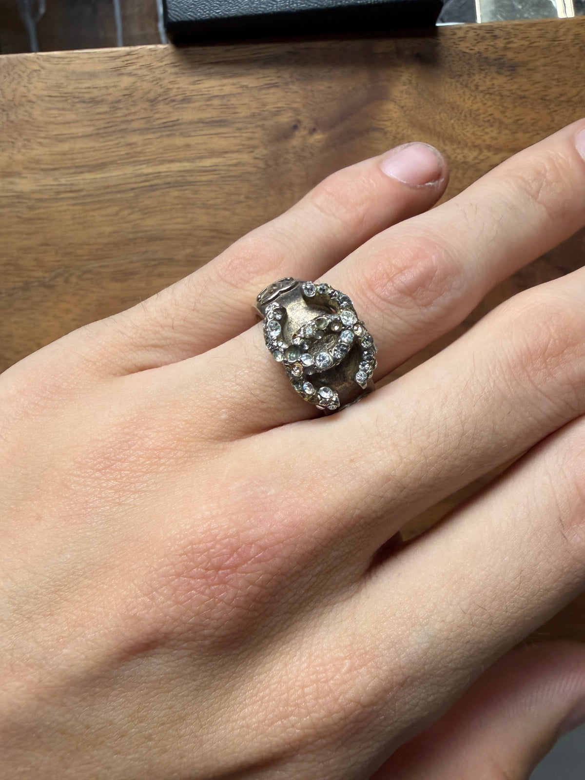 2010 Chanel CC Logo ‘Camellia Flower’ Crystal Embellished Silver Tone Ring