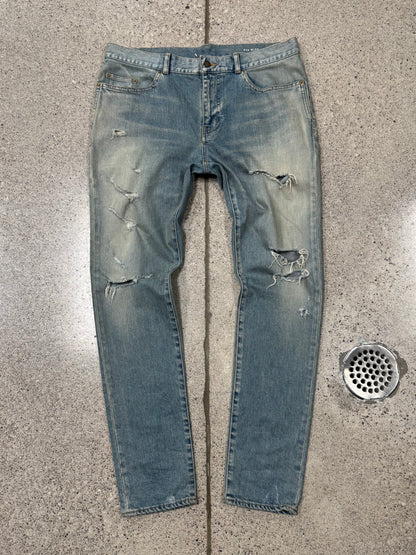 2018 Saint Laurent ‘D02’ Light Wash Distressed Skinny Jeans