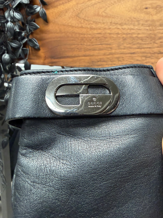 Gucci GG Silver Cuff Logo Black Leather Gloves