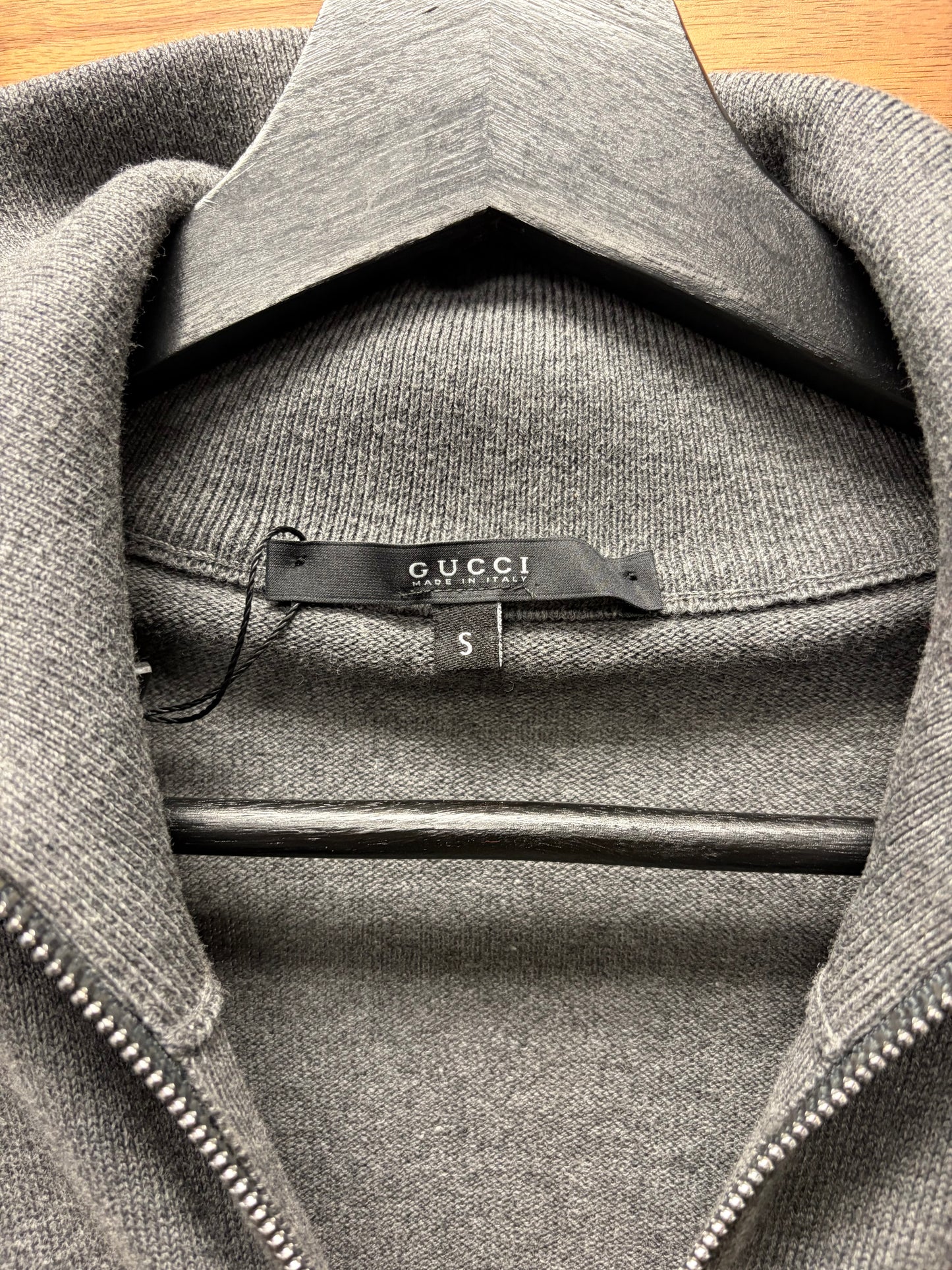 2000s Gucci by Frida Giannini ‘Varsity Crest’ Grey Wool Sweater with Navy Striping