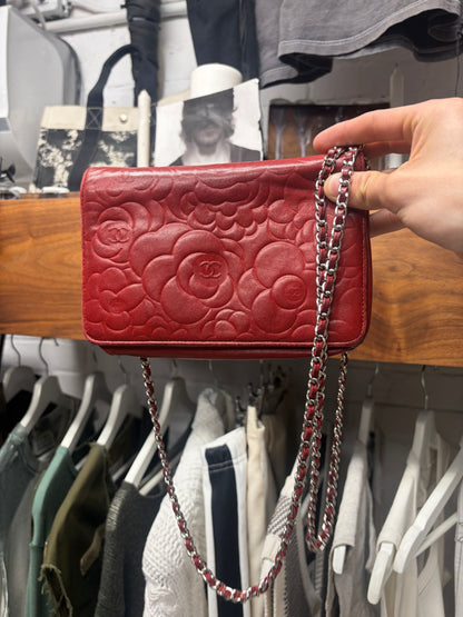 Chanel ‘Camellia’ Red Floral Embossed Leather Wallet on Chain Bag