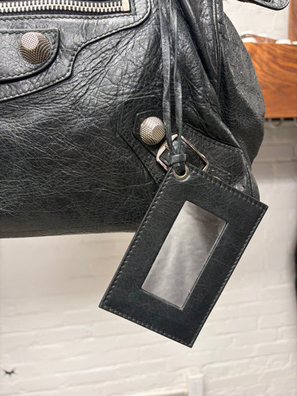 Balenciaga ‘Giant 21’ Tumbled Black Leather ‘City Bag’ with Silver Hardware