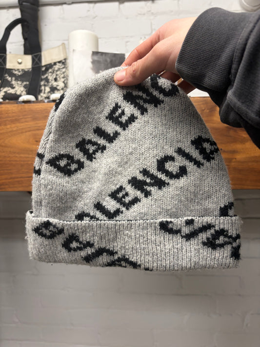 2018 Balenciaga Monogram Logo Ribbed Grey Wool Beanie