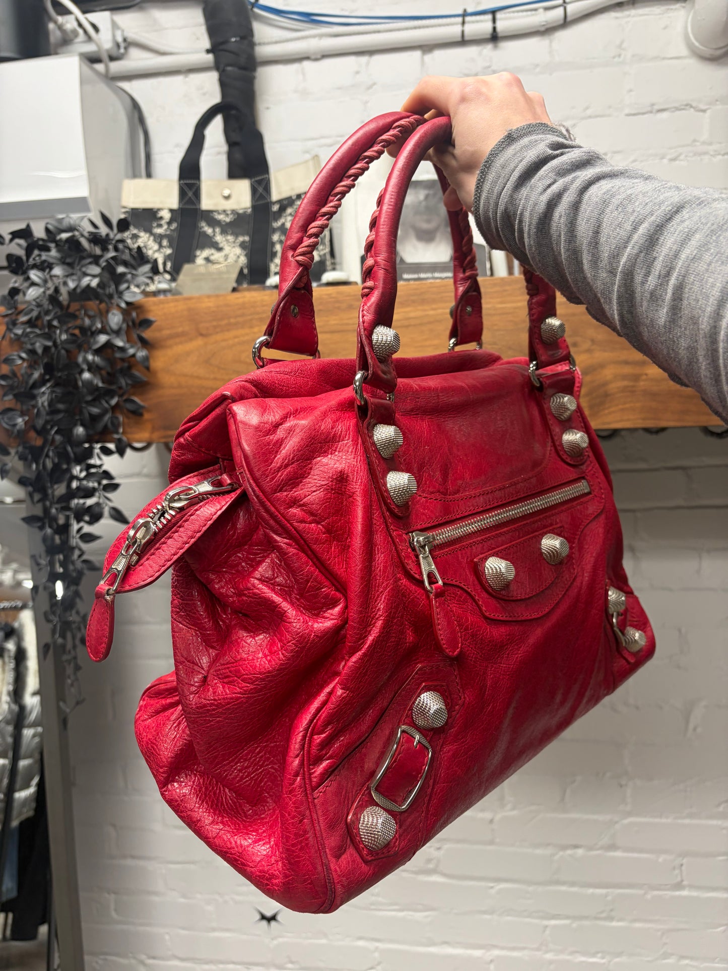 Balenciaga ‘Giant 21’ Tumbled Red Leather ‘City Bag’ with Silver Hardware