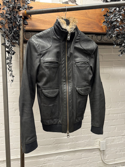 Vintage 90s Maison Martin Margiela ‘Rabbit Fur’ Blank Tag Black Leather Racing Jacket
