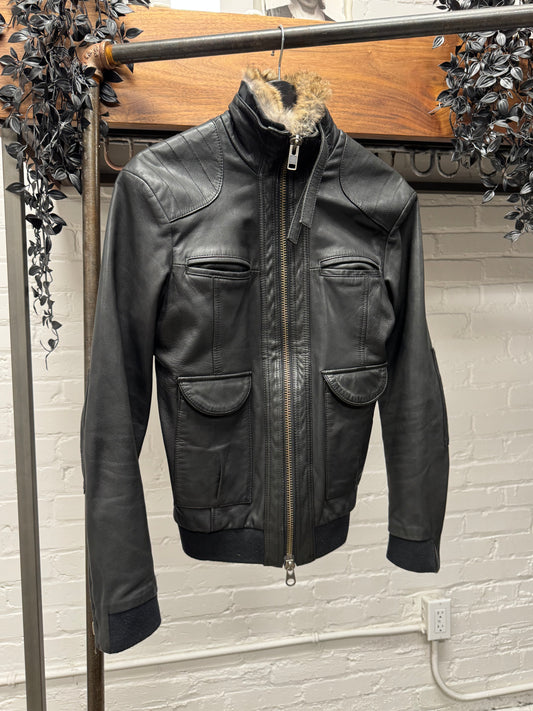 Vintage 90s Maison Martin Margiela ‘Rabbit Fur’ Blank Tag Black Leather Racing Jacket