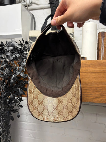 Gucci Coated Brown Canvas Leather Strap-Back Baseball Cap