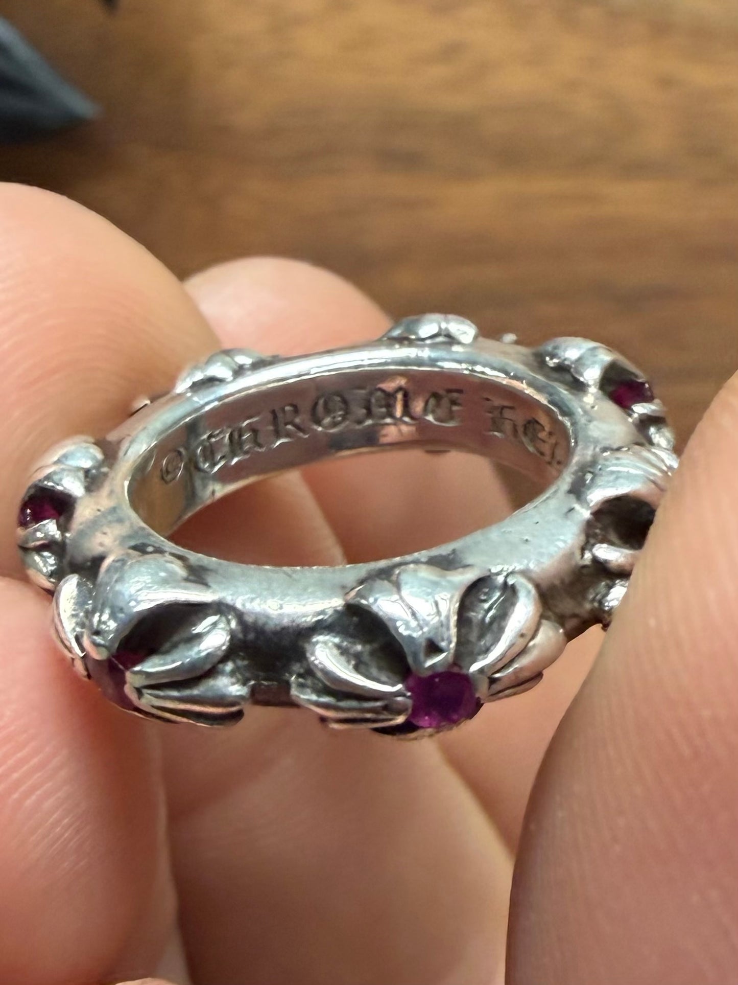 Chrome Hearts ‘Cross Band’ 925 Silver Ring with Factory Set Ruby Stones