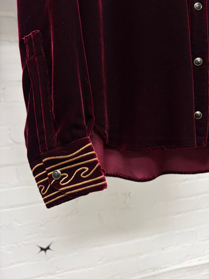 SS2020 Saint Laurent Silk/Velvet Dark Red Western Button Snap Shirt