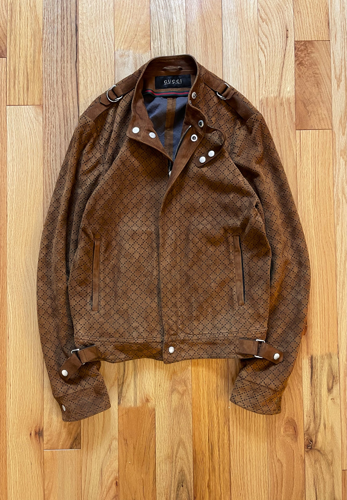 2000s Gucci ‘Diamante’ Perforated Brown Suede Biker Jacket