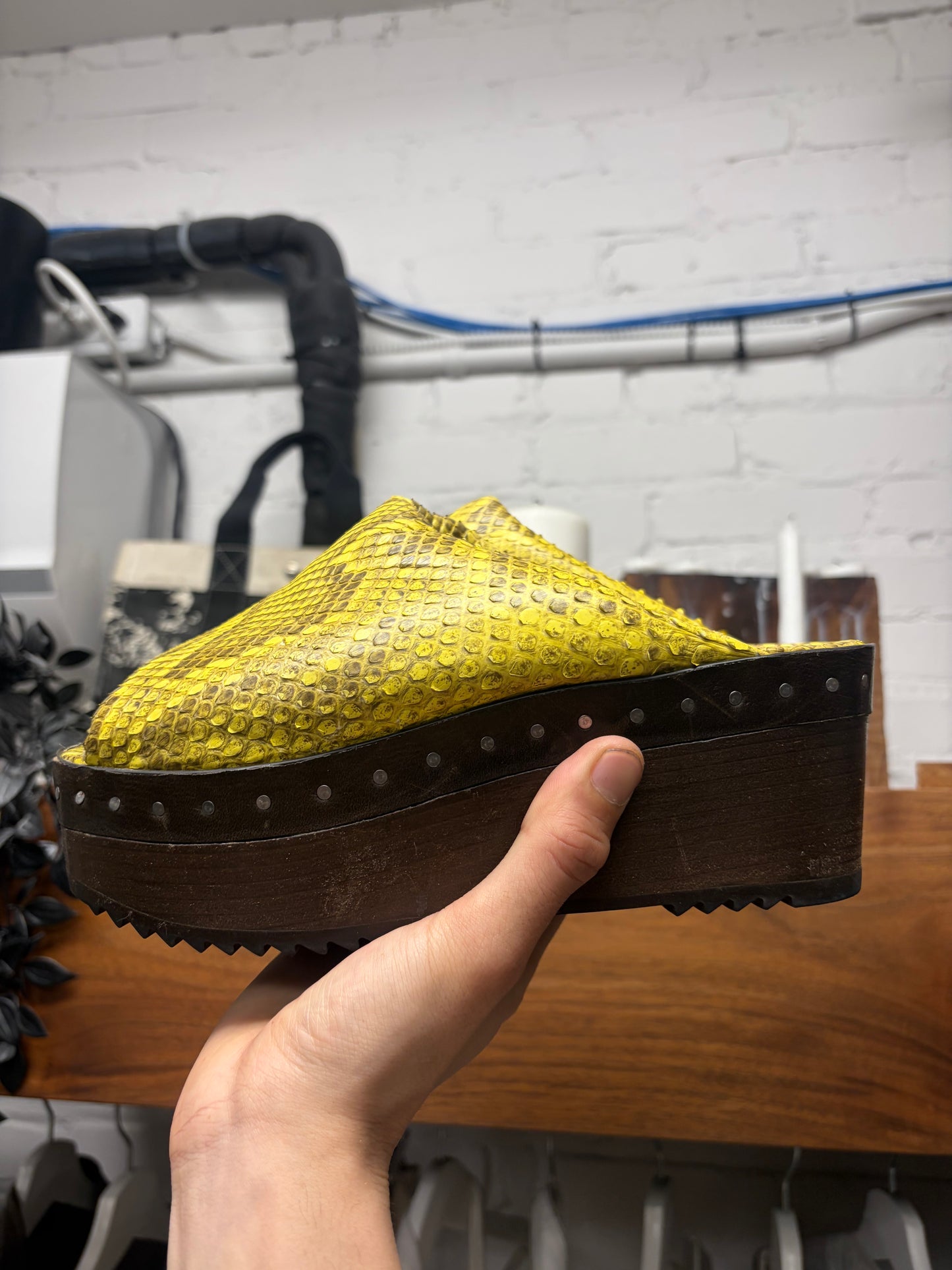 SS2023 Rick Owens ‘Edfu’ Yellow Python Leather Platform Wood Block Sole Sandals