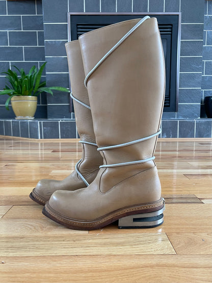 Dirk Bikkembergs Knee High ‘Bungee Cord’ Wraparound Brown Leather Metal Heel Boots.