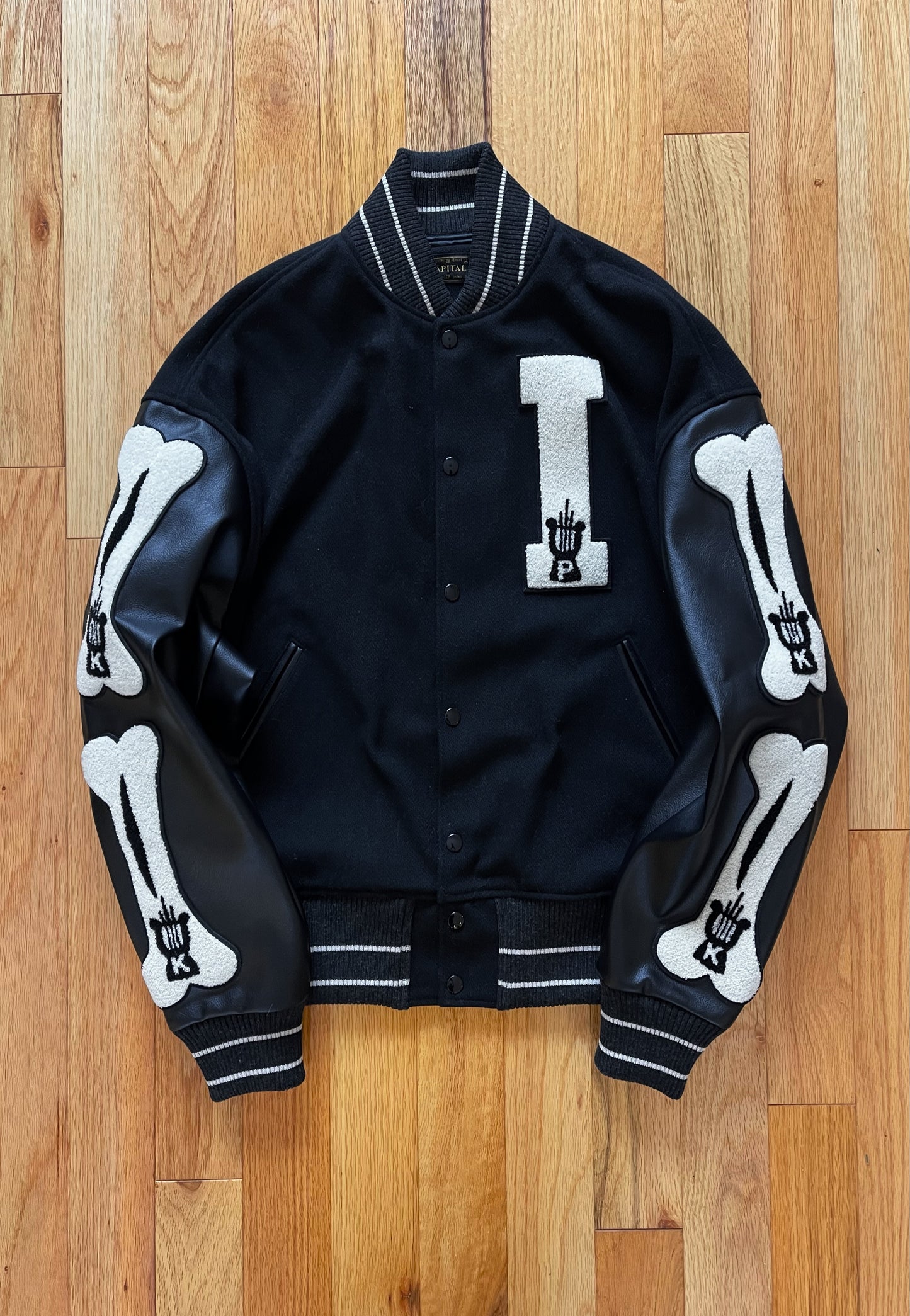 Autumn Winter 2023 Kapital ‘I-Five’ Bone Patch Leather Varsity Jacket