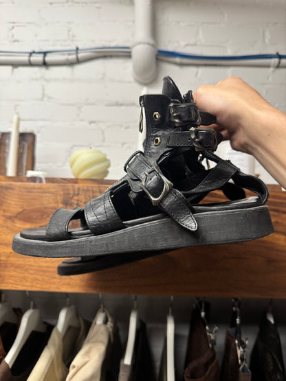 14th Addiction Black Leather ‘Gladiator’ Sandals