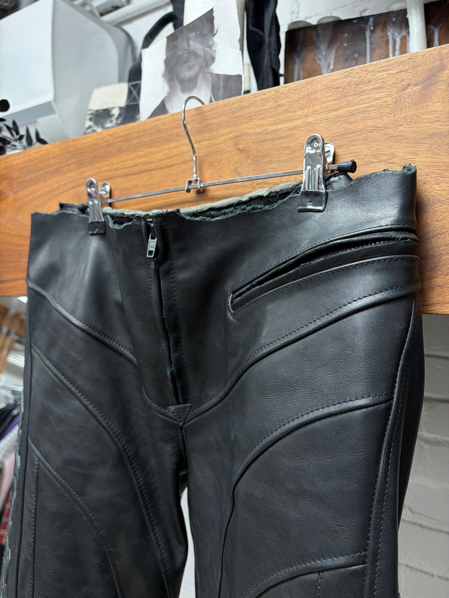 AW2024 Balenciaga ‘Low Waisted’ Unfinished Waistband Black Leather Motorcycle Pants