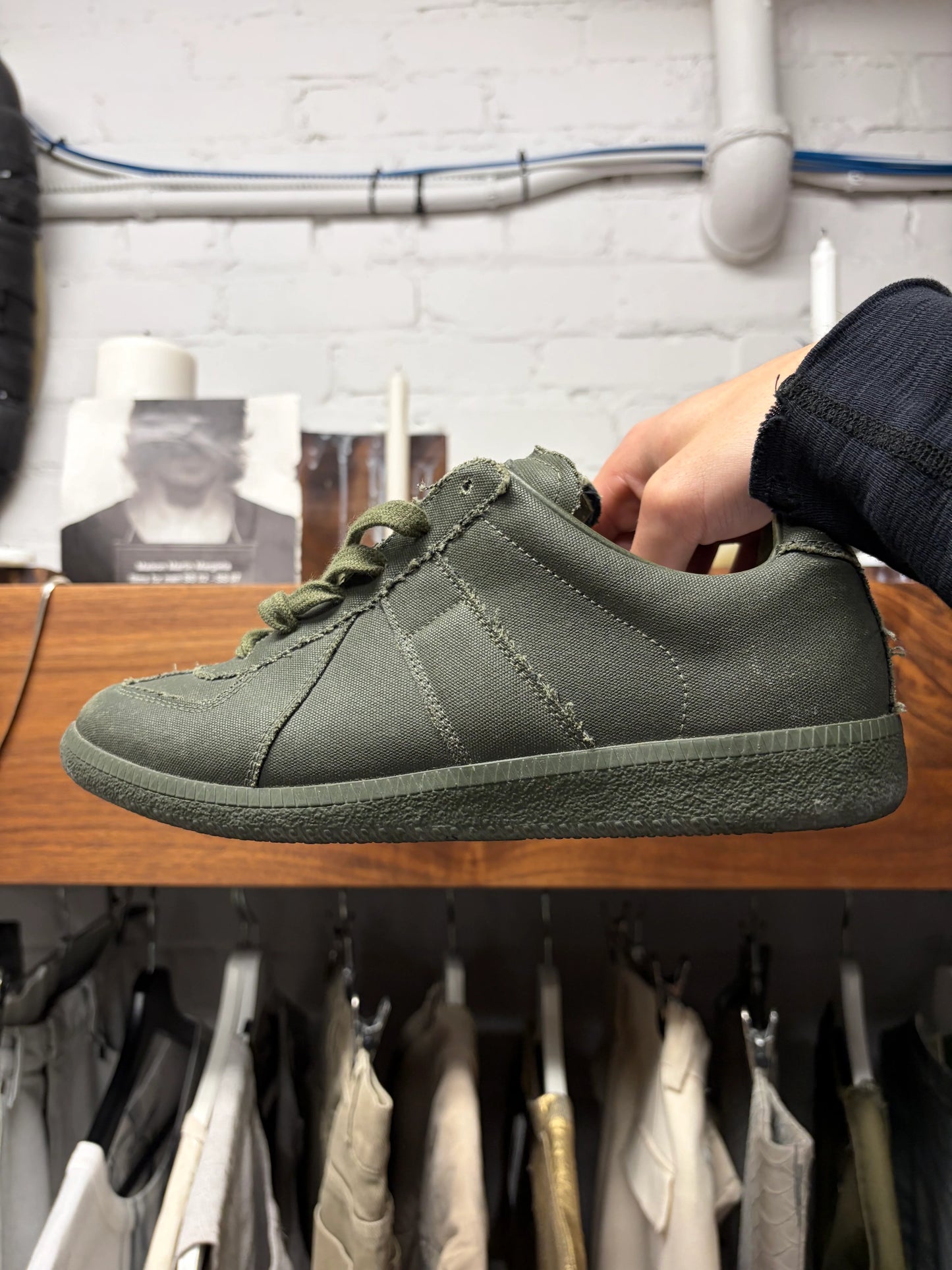 Maison Margiela ‘G.A.T.’ Military Green Distressed Canvas Low Top Sneakers