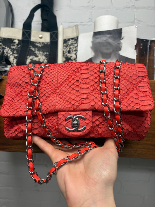 Chanel Red Python Leather Classic ‘Flap Bag’ with Silver Hardware