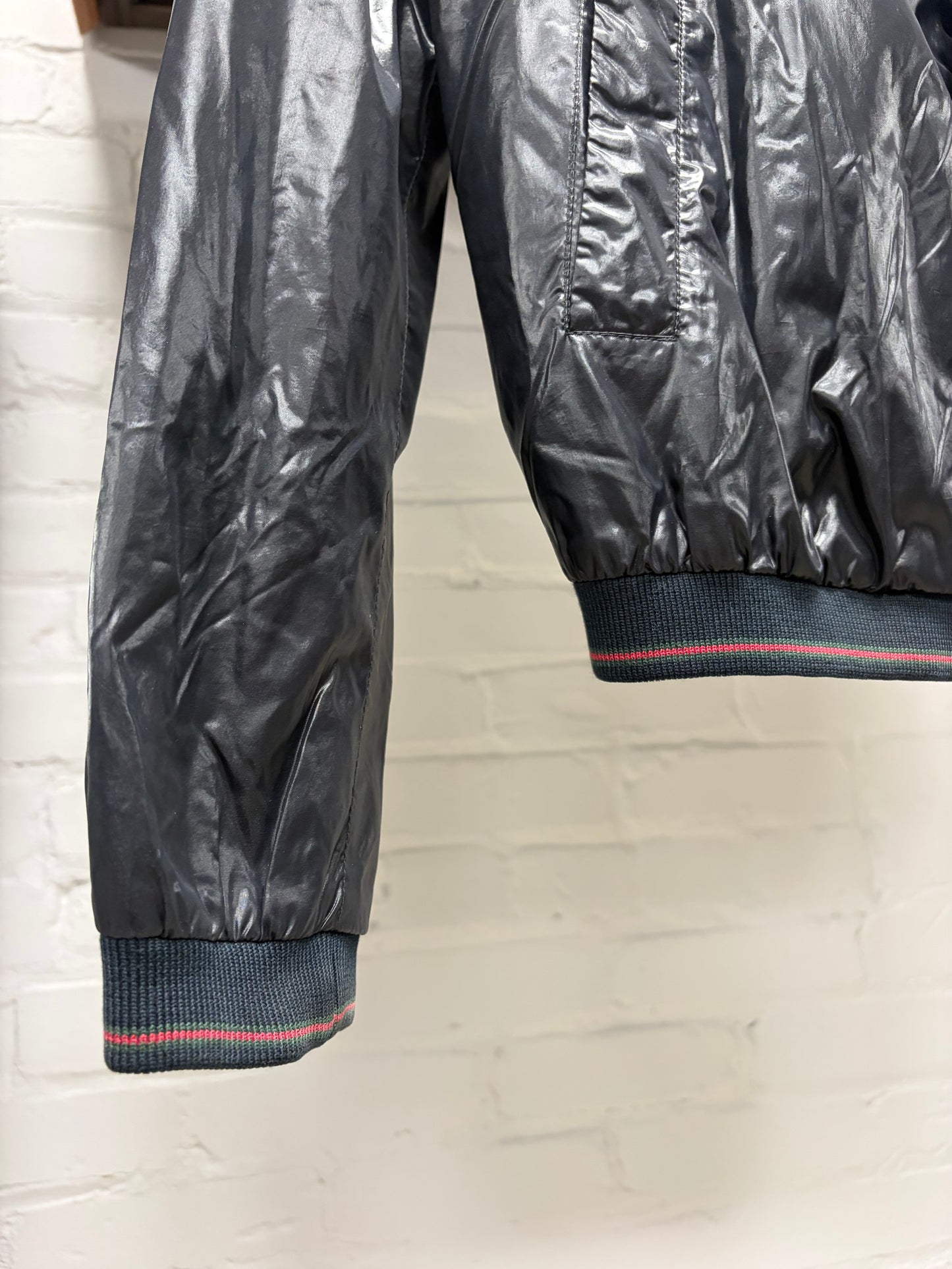Gucci Waxed Black Vinyl Drivers Jacket with Striped Ribbing