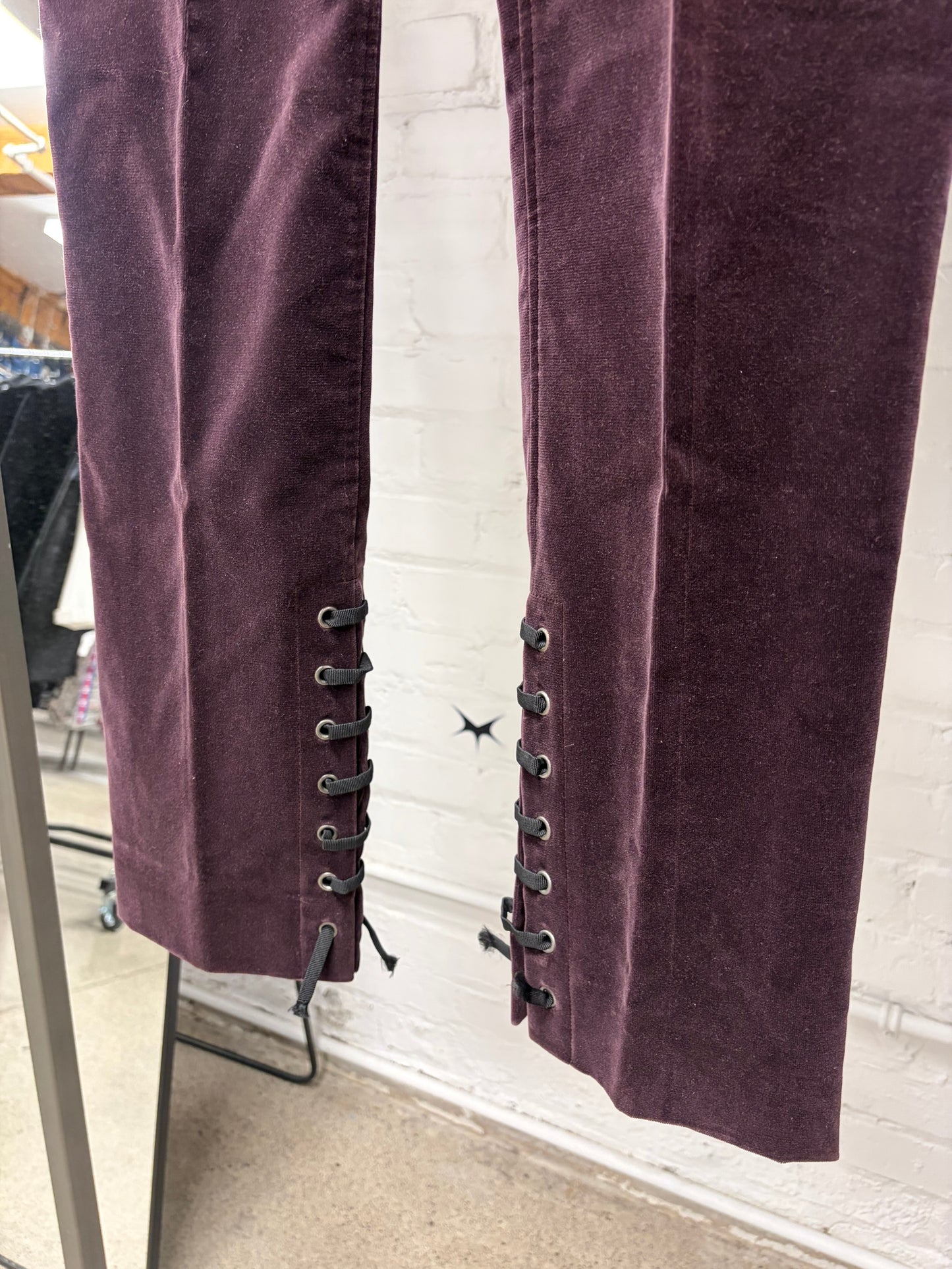 Yves Saint Laurent Rive Gauche Oxblood Red Lace Up Velour Trousers