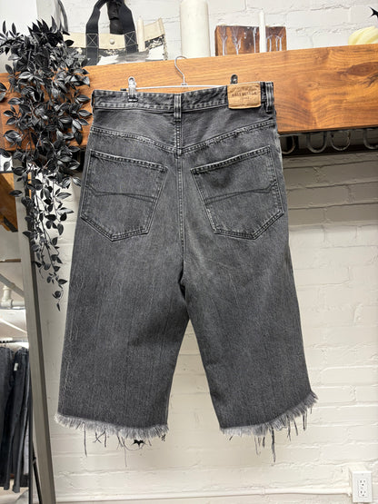 2020 Balenciaga Over Knee Length Distressed Grey Raw Hem Denim Shorts