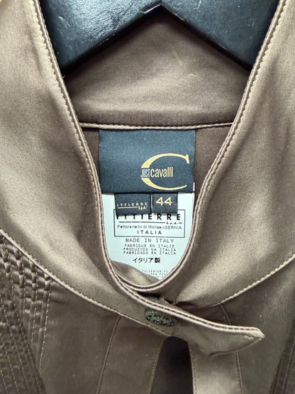 Roberto Cavalli Brown Silk Mandarin Collar Shirt