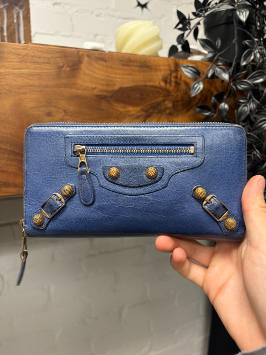 Balenciaga ‘Giant Continental’ Blue/Gold Hardware Leather Long Wallet