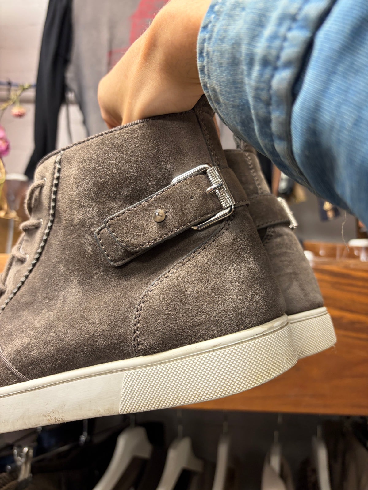 Christian Louboutin Brown Suede Studded Sneakers with Red Bottom Sole