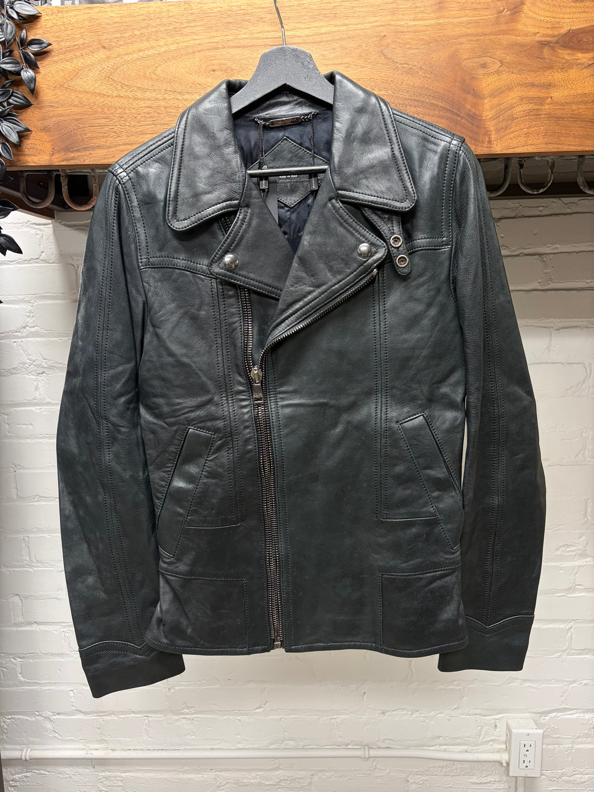 2000s Dolce & Gabbana ‘Mainline’ Asymmetric Zip Black Lambskin Leather Jacket