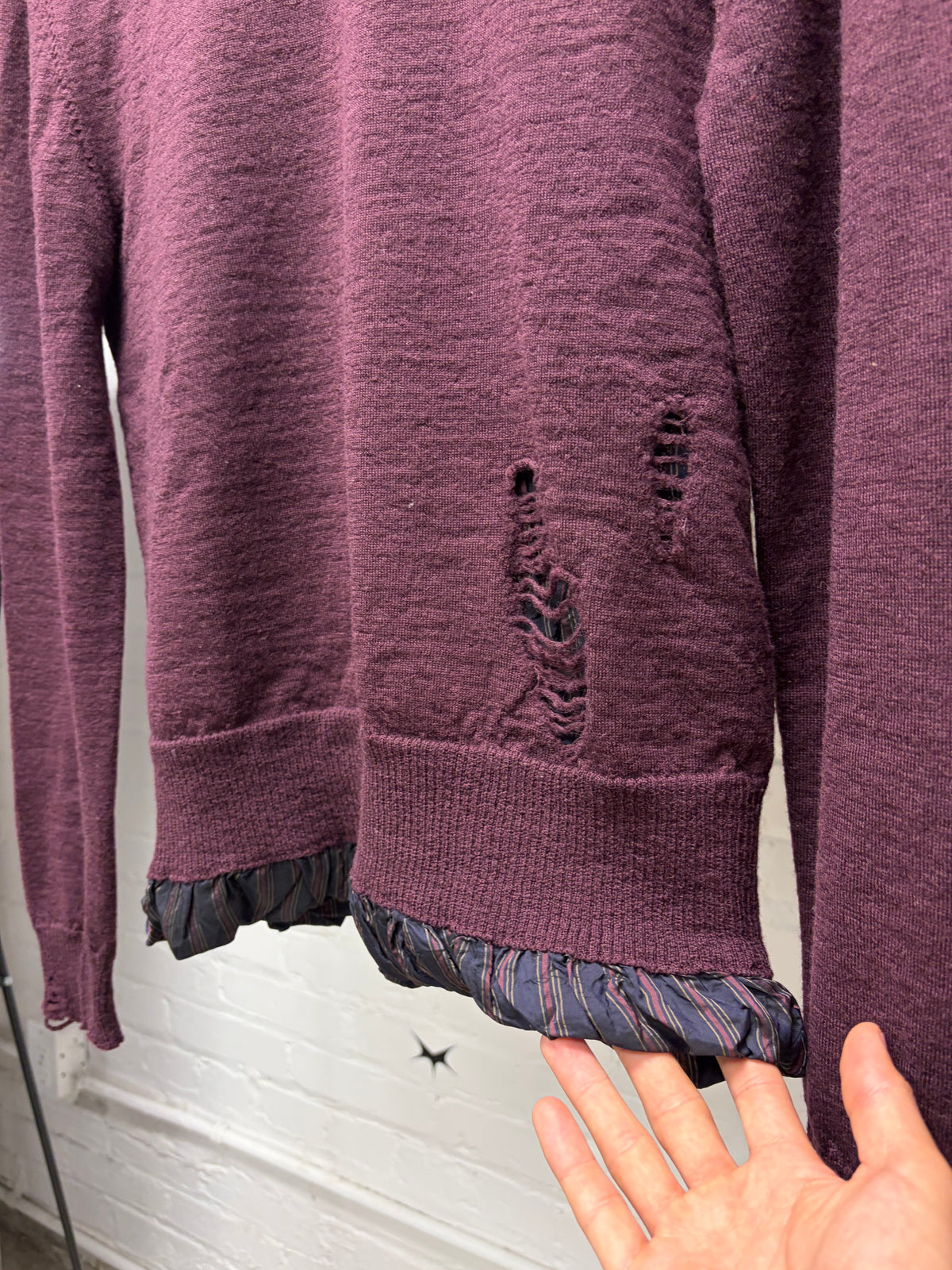2022 Maison Margiela Distressed Wool Layered Pinstripe/Sienna Knit Sweater