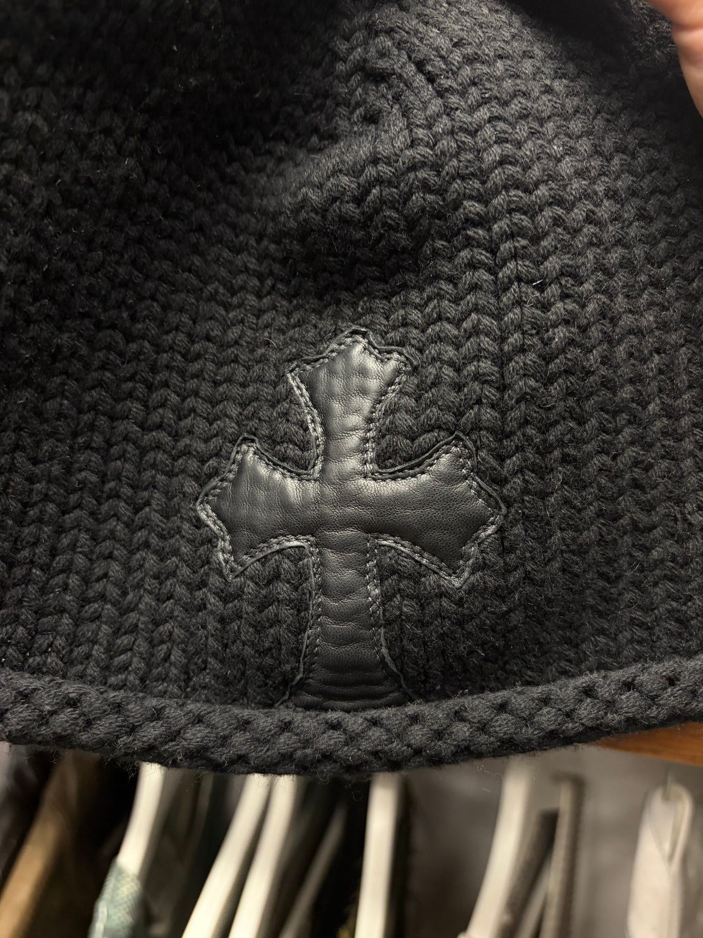 Chrome Hearts Cashmere Black Leather Cross Patch Beanie