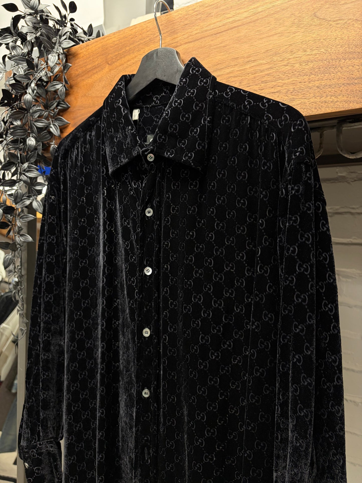 AW1997 Gucci by Tom Ford Black Velvet Monogram Button Up Shirt