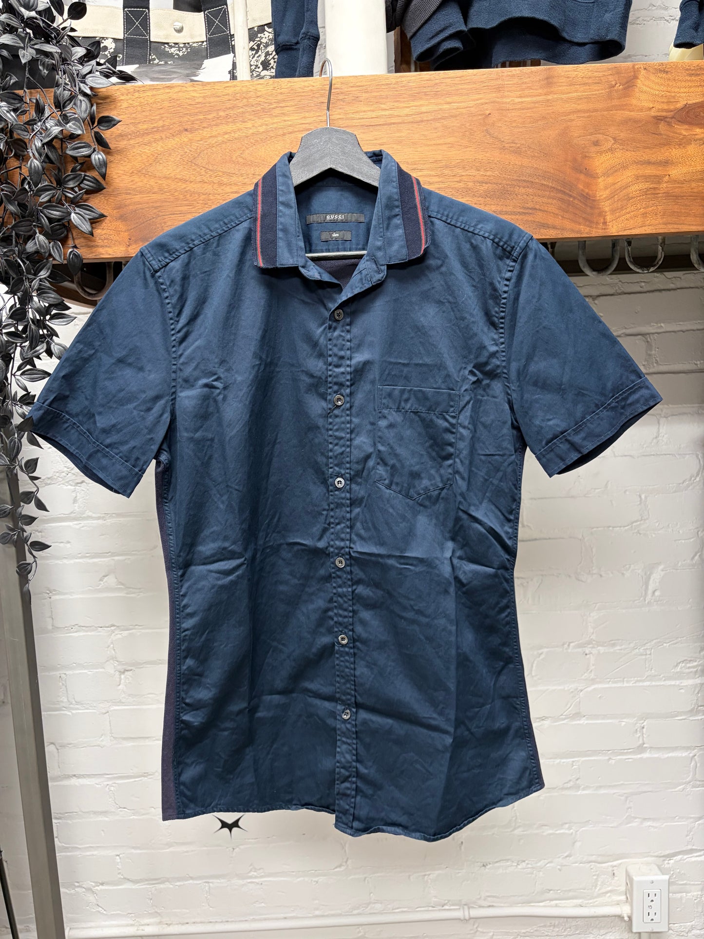 Gucci ‘Striped Collar’ Navy Blue Cotton Short Sleeve Button Up Shirt