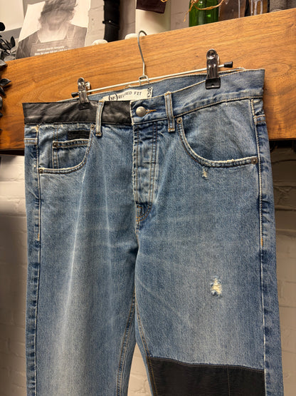 Alexander McQueen Straight Leg Leather Patch Repaired Blue Denim