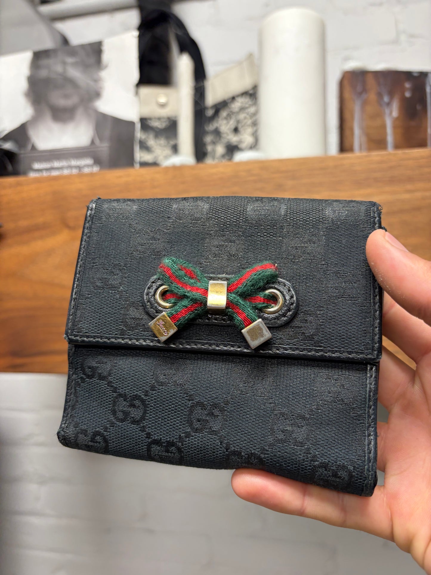 Gucci GG Black Canvas Monogram Bi-Fold Wallet with Bow