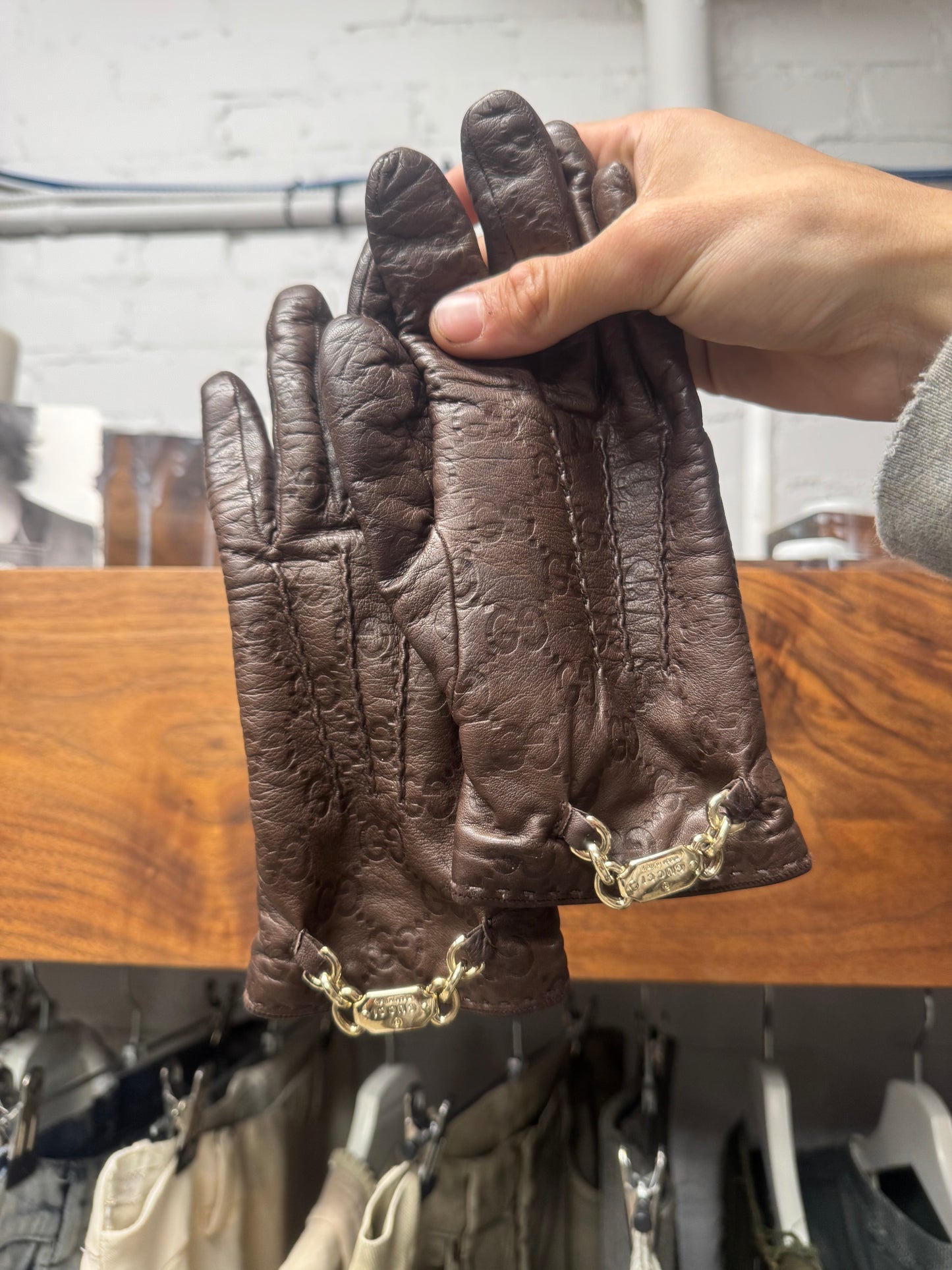 2000s Gucci Gold ‘Horsebit’ Monogram Embossed Brown Leather Gloves