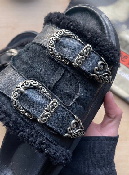 14th Addiction Sheepskin Lined Western Buckle Platform Slides