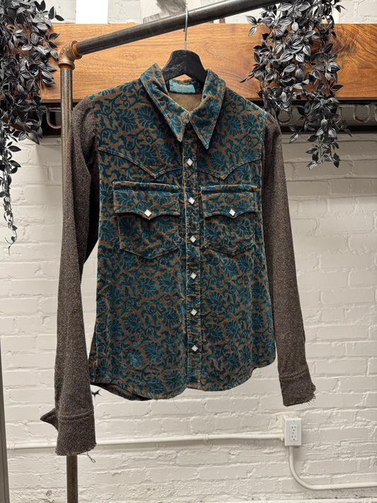 AW1997 Undercover Velour ‘Floral Pattern’ Diamond Snap Distressed Wool Shirt