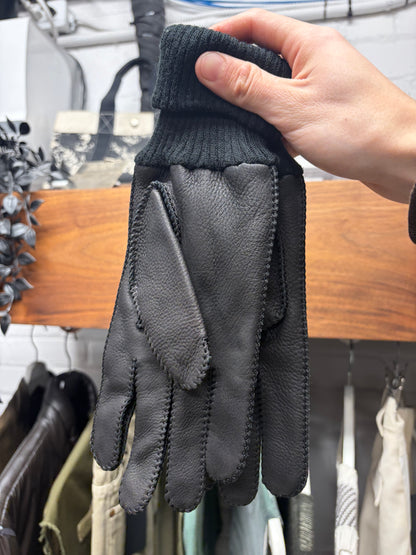Dior Homme Black ‘Baseball Stitch’ Black Calfskin Leather Gloves with Wool Ribbing