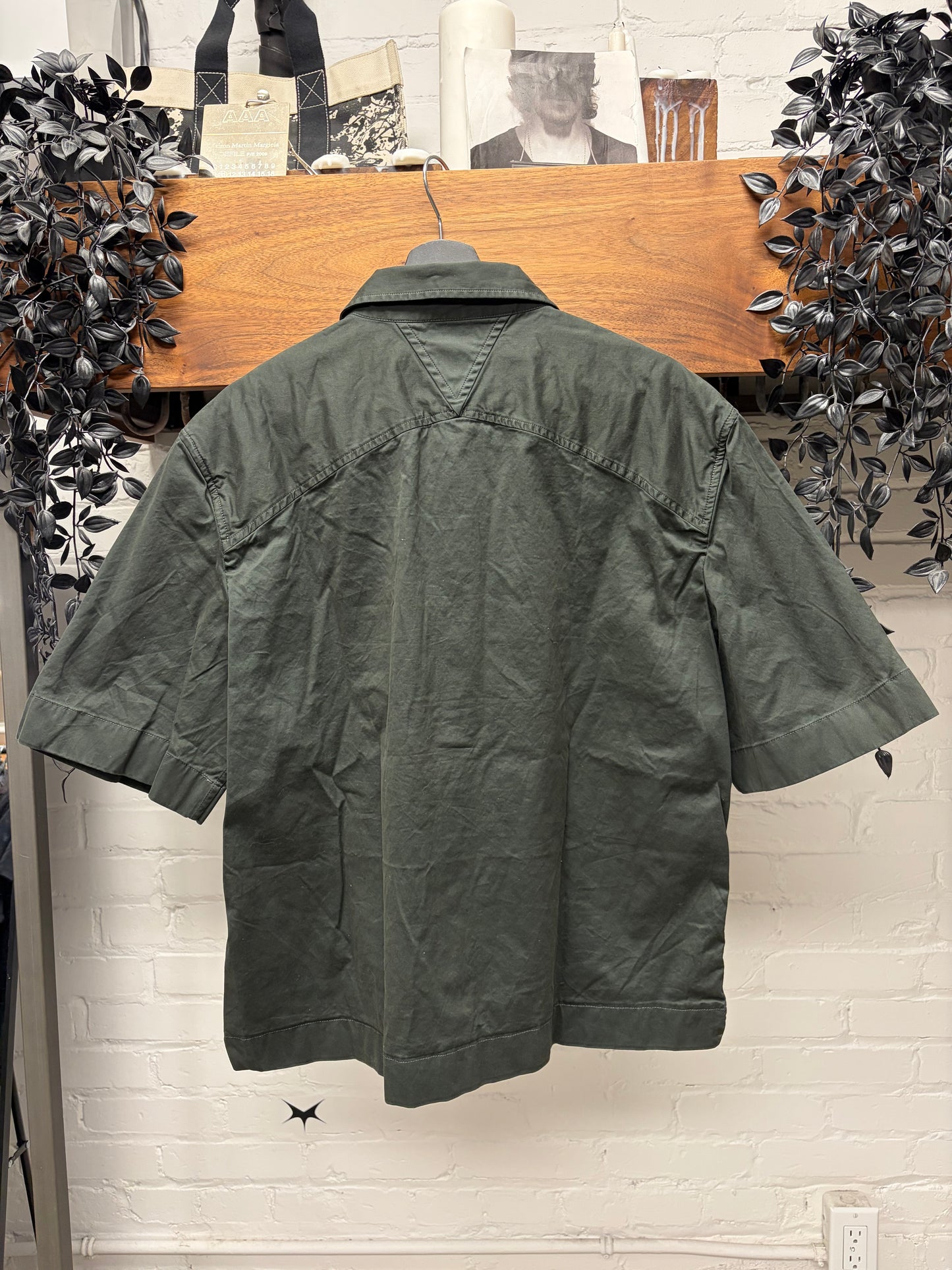Bottega Veneta Military Green Oversized Collared Short Sleeve Work Shirt
