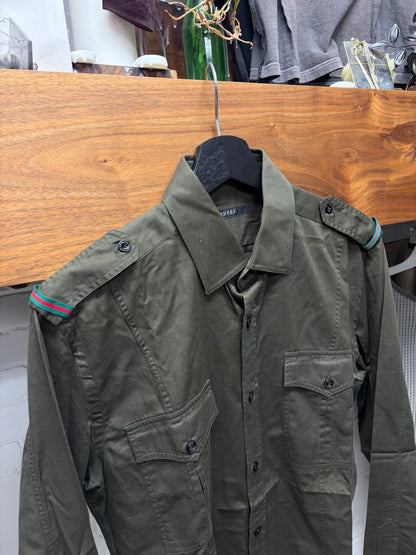 Gucci Military Inspired Button Snap Shirt with Stripe Branded Shoulder Epaulettes