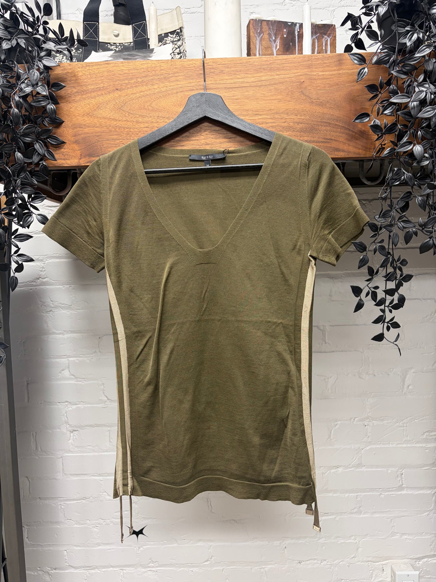 Gucci Olive Green Ruched Side Sean Short Sleeve Shirt